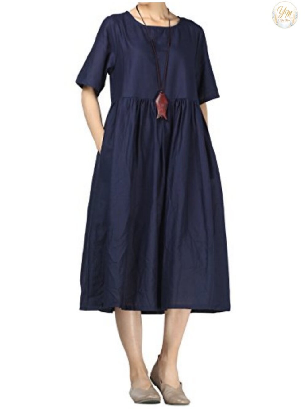 Women's Linen Midi Dress Boho Casual Summer High Waist Short Sleeve